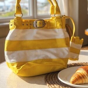 Yellow White Striped Pebbled Faux Leather Hobo Shoulder Bag with Pouch Buckle